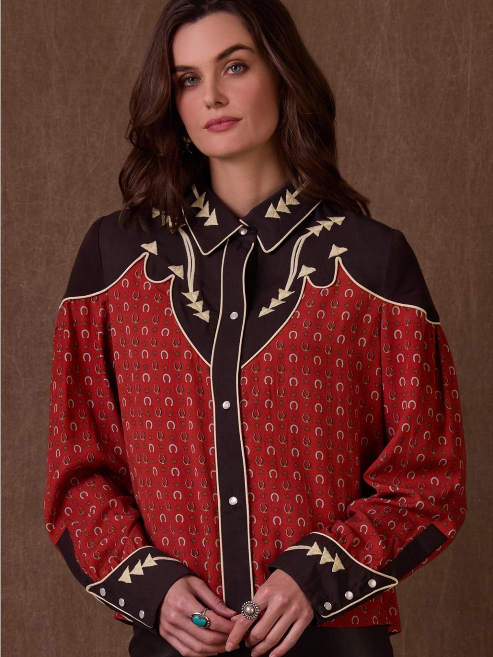 Double D Ranch Red and Black Western Embroidered Pearl-Snap Shirt